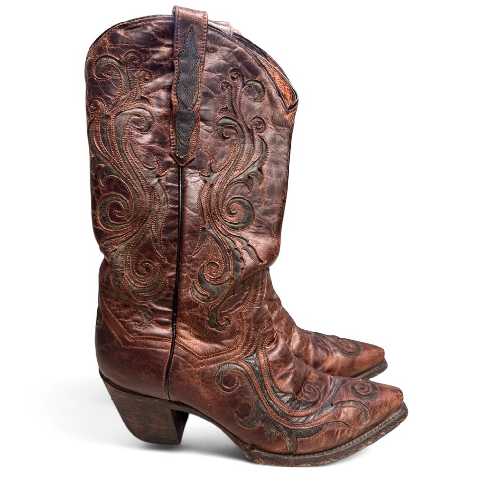 Dan Post Women’s Brown Scroll In Lay Leather Western Boots Size 8.5